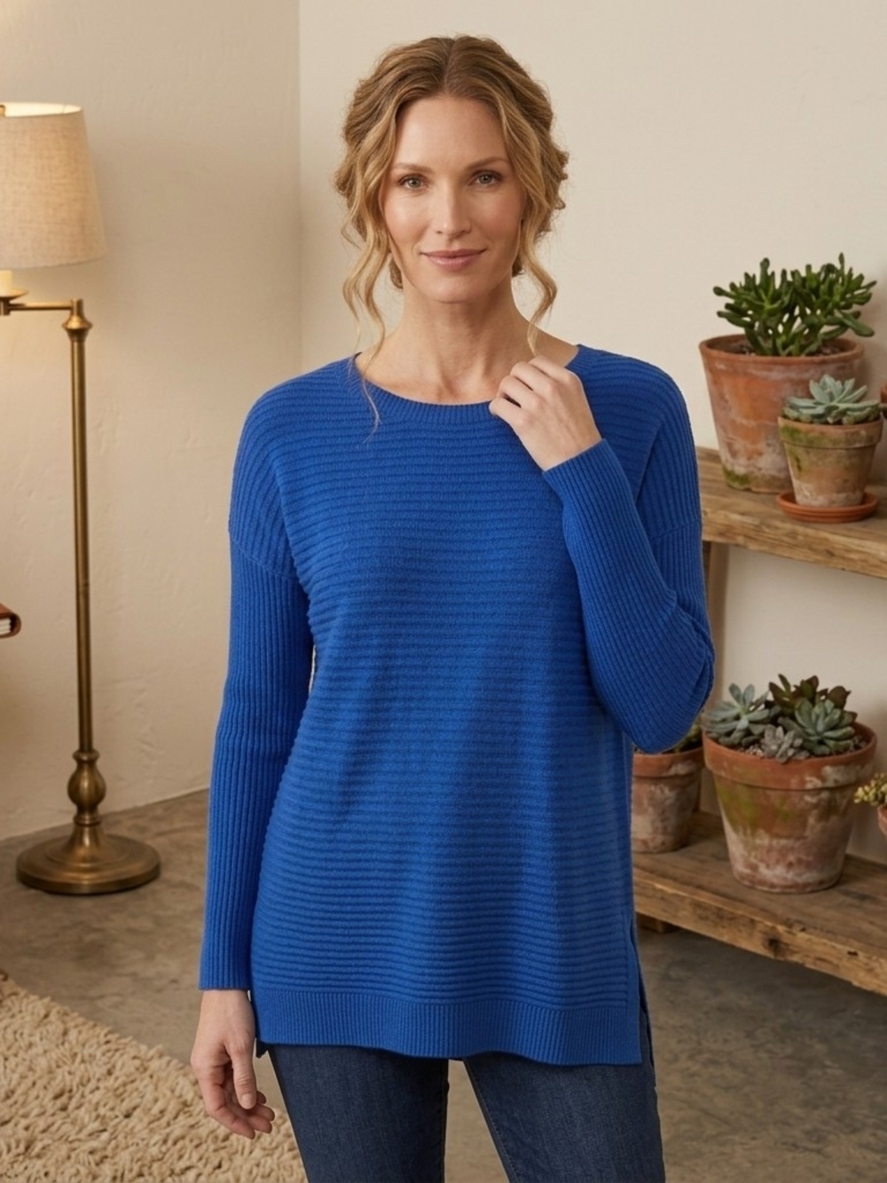 Tahari Bright Cobalt Ribbed Crewneck Sweater